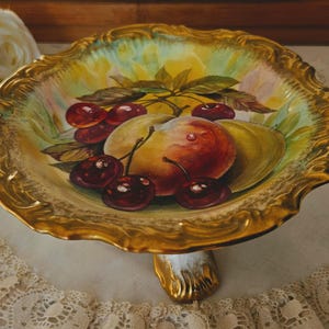 Vintage Hammersley Pedestal Compote dish/Candy Dish, Bone China Made in England, Signed by Artist Fruit Design, Heavy gold, Collector&#39;s Gift
