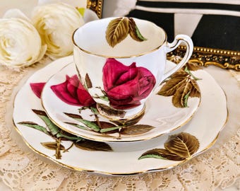 Royal Standard English Rose theekopjes trio, bone china, gemaakt in Engeland, theekopje, schotel, taartbord, vintage theekransje, vrijgezellenfeest, huwelijksregister