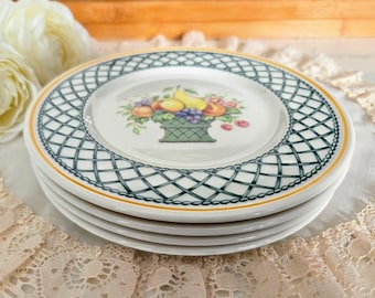 Conjunto de 2 ou 4 pratos de pão e manteiga Villeroy & Boch "Basket", porcelana vitrocerâmica fabricada na Alemanha, com estampa de frutas e treliça verde, louça vintage.