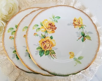 Set of 3 Royal Stafford Royal Rose 7'' Cake/Bread and Butter Plates, Bone China Made in England, Big Yellow Roses, Brushed gold gilt