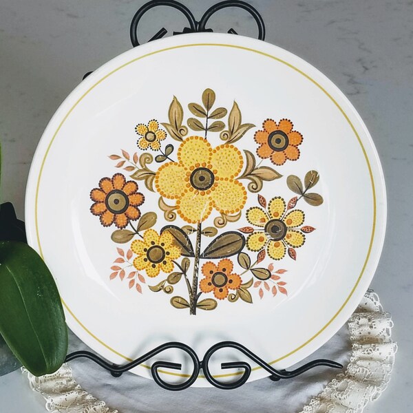 vintage, Ridgway, Harvest Gold, Assiettes à dîner, Fleurs Ironstone, Jaune et Orange, Feuilles Vertes, vaisselle vintage, remplacement de porcelaine