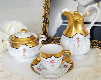 Vintage koffie-/theeset, creamer en suikerpotset met demitasse en schotel, porselein, verguld goud, vintage theekransje, vrijgezellenfeest
