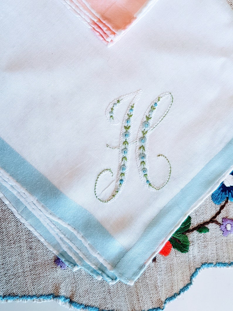 Satin Ribbon flowers Vintage Handkerchief Embroidered Vintage His and Hers Wedding Handkerchiefs pink Set of 2 Hankie blue