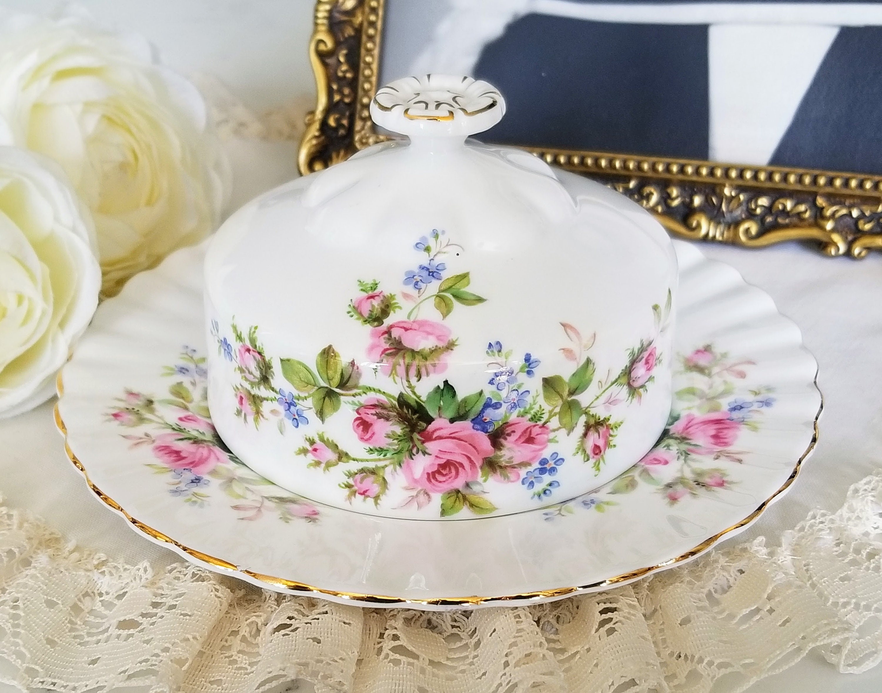 Vintage Royal Albert Moss Rose Round Covered Butter Dish, Bone