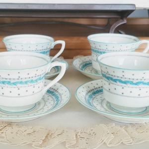 Set of 4 Vintage Royal Worcester Alpine Blue/Turquoise Demitasse and Saucer Sets, Bone China Made in England, Teacups, vintage tea party