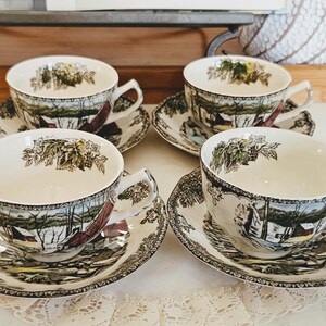 Set of 4 Johnson Brothers Friendly Village Teacup and Saucer Sets, Made in England, The Ice House, Vintage tea party, china replacement