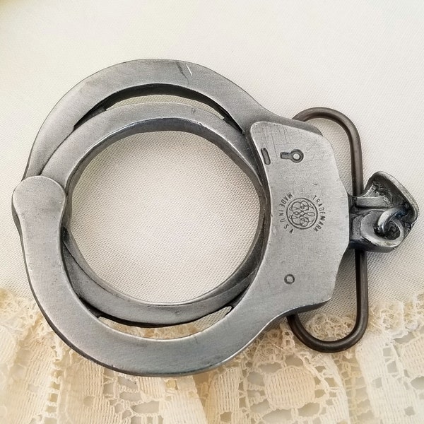 Vintage Pewter Novelty Handcuffs-Shaped Belt Buckle, Bergamot Brass Works, Made in U.S.A, vintage accessories/fashion, police officer's gift