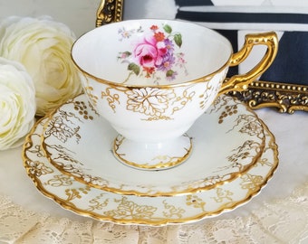 Trio di tazze da tè vintage Royal Crown Derby Vine (Posie Center), porcellana fine, prodotto in Inghilterra, stoviglie vintage/tea party, sostituzione della porcellana
