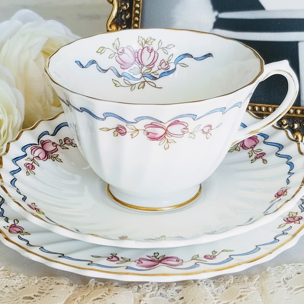 Royal Doulton The Beverley Teacup Trio, Bone China Made in England, teacup, saucer, cake plate, Ruffled Edge, Swirled Edge, Flowers