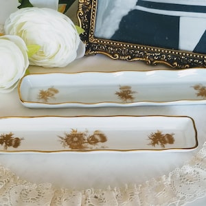 Set of 2 Mismatched Hammersley and Limoges long Mint Trays/Mint Dishes, Bone China, Made in England/France, Gold Thistle, vintage home decor