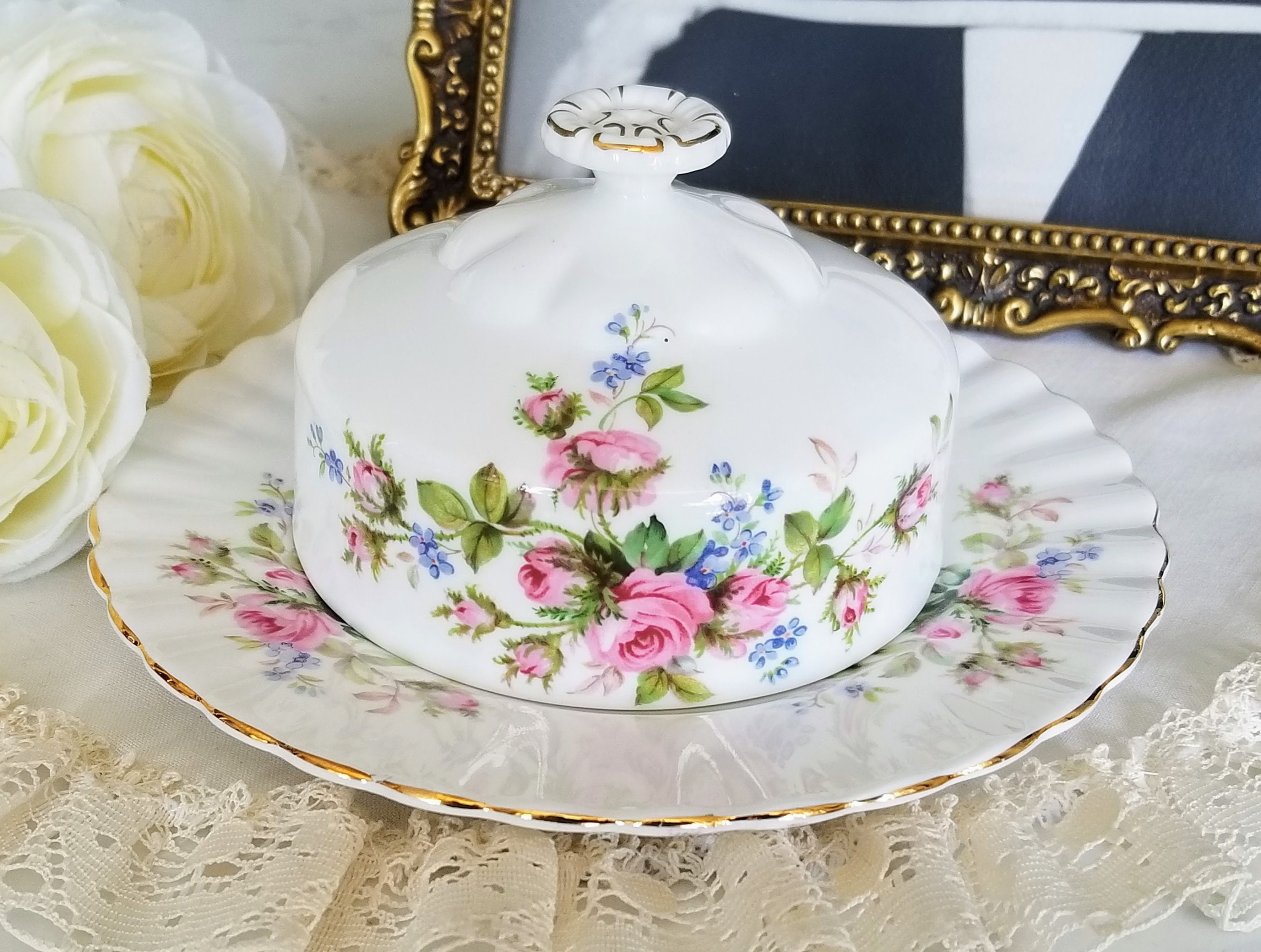 Vintage Royal Albert Moss Rose Round Covered Butter Dish, Bone