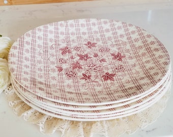Set of 5 Vintage Grindley Regent Oval Dinner Plates, Made in England, Pink Flowers Pink Plaid, country vintage dinnerware, china replacement