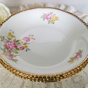 Set of 3 Vintage Woods Ivory Ware Soup Bowls, Ironstone Made in England, Pink & Yellow Roses, Rope Edge, vintage dinnerware