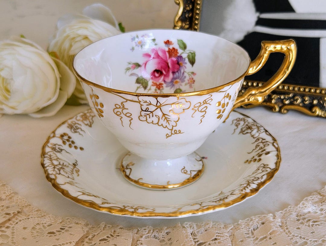 Vintage Royal Crown Derby Vine (posie Center) Teacup and Saucer