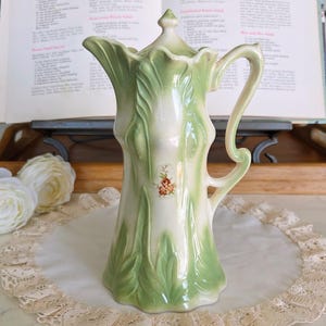 Vintage Hand-Made Ceramic Green and White Chocolate Pot with Matching Lid, Ceramic Made in Quebec, Canada, 1981