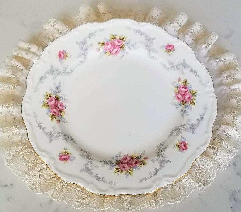 vintage dinnerware Bone China Made in England pink roses Vintage Royal Albert Tranquility Salad Plates gray swags china replacement