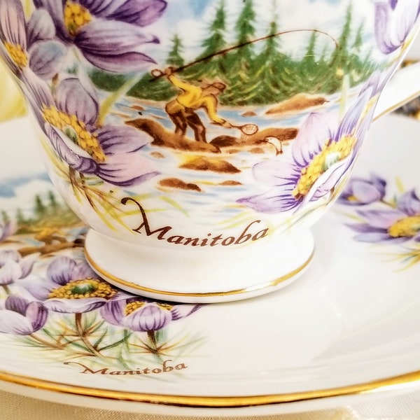 Vintage Duchess Manitoba Teacup and Saucer Set, Bone China Made in England, Purple Aenomones, Fisherman, collector's cup, vintage tea party