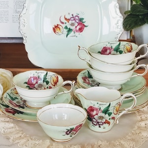Paragon Tea Set for 4, Bone China Made in England, Mint Green/Teal, Large Flowers, teacup trios creamer & sugar bowl set cake serving plate