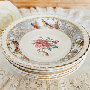 Set of 5 Johnson Brothers The Vigo Old England Ice Cream/Dessert/Fruit Bowls/Nappies, Made in England, Birds on Blue, vintage tea party