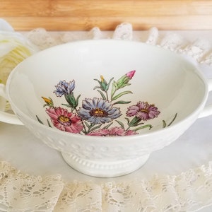 Wedgwood Wellesley Dianthus Bouillon/Cream Soup Bowl, Bone China Made in England, Floral Center, Embossed Fruit, vintage dinnerware