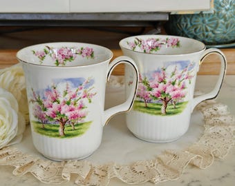 Set van 2 Royal Albert Blossom Time mokken, Bone China, gemaakt in Engeland, koffiekopjes, theekopjes, roze bloeiende bomen, vintage theekransje