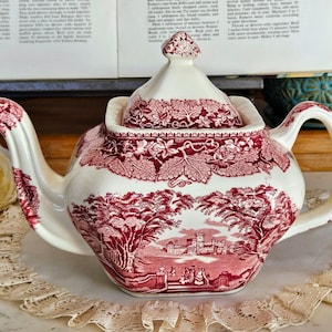 Vintage Mason&#39;s Vista Pink Teapot, Ironstone Made in England, Pink Transferware, Wedding China, vintage dinnerware, china replacement