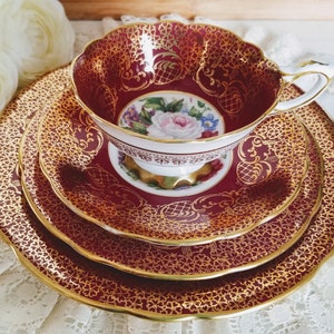 Royal Stafford Empress 4 Pieces Place Setting for Brunch, Bone China Made in England, Maroon Band, Gold Filigree, Flowers