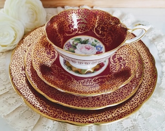 Royal Stafford Empress 4 pièces pour le brunch, porcelaine fabriquée en Angleterre, bande marron, filigrane doré, fleurs