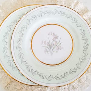 Set of 2 Vintage Paragon Bluebells Dinner Plates/Salad Plates, Bone China Made in England, Mint Green with Gray Flowers, vintage dinnerware