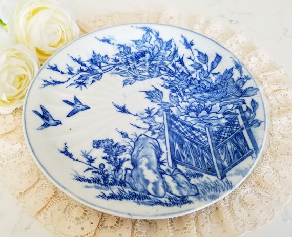 Antique Ribbed Japanese Porcelain Plate Hand painted Blue and White Flowers Made in Japan Vintage Home Decor Oriental Decor Etsy Canada
