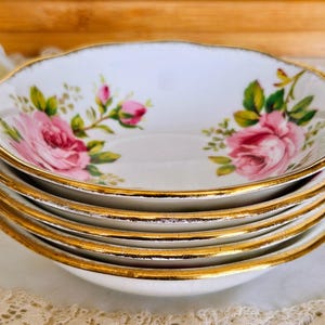 Set of 5 Royal Albert American Beauty Fruit/Dessert/Ice Cream Nappies/Bowls, Bone China Made in England, Large English Roses, registry gift