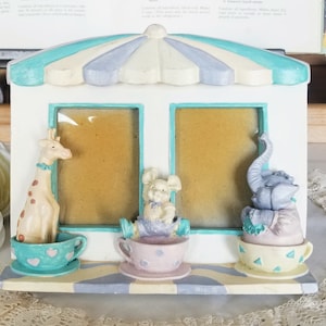 Vintage Doppel Bilderrahmen, Kinderzimmer/Kinderzimmer Dekor, Tiere in Teetassen, Rummelplatz Attraktion, Teetasse Fahrt, Vintage Wohnkultur
