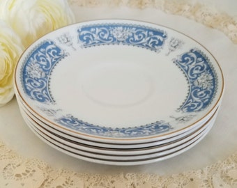 Vintage Set of 5 Johnson Brothers Snowhite Replacement Saucers, Made in England, Blue Band Gray Flowers, china replacement