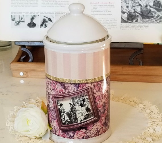 Vintage Ceramic Cookie Jar/kitchen Canister Pink Stripes 