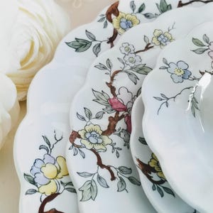 May include: White ceramic plates with a scalloped edge, decorated with a floral pattern in yellow, blue, pink, and green. The plates are part of a set, with a matching teacup visible. The design features branches and leaves.