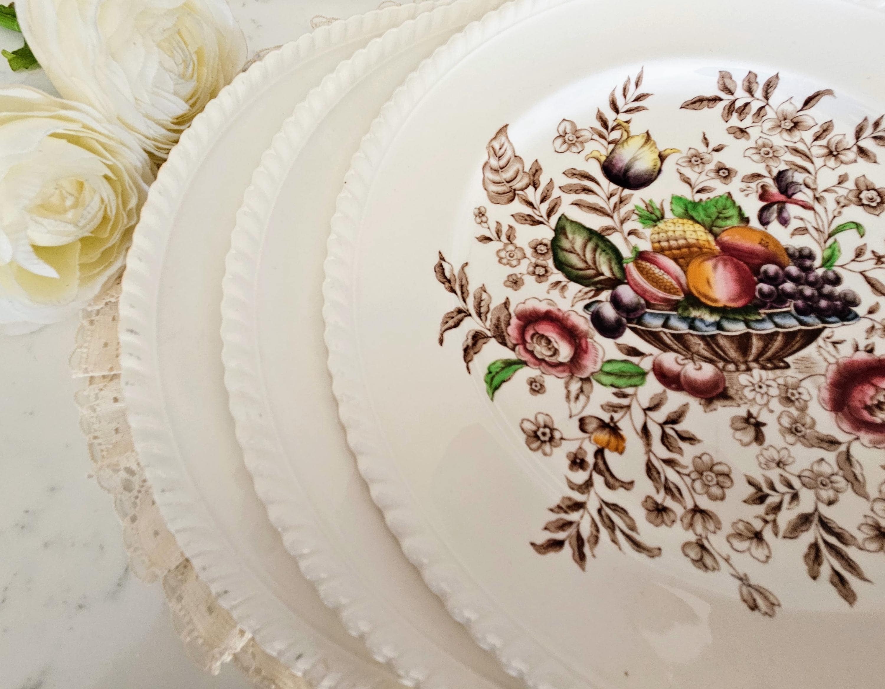 Set of 3 Vintage Johnson Brothers Pomona Dinner Plates, Ironstone