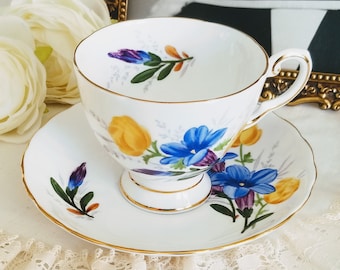 Tuscan Hand Painted Teacup and Saucer Set, Bone China Made in England, blue purple and yellow flowers, vintage tea party, collector's gift