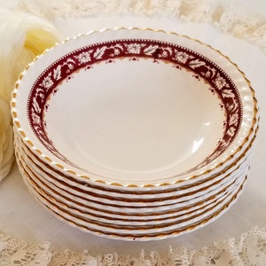 Set of 8 Johnson Brothers Old English Fruit/Ice Cream/Dessert Nappies/Bowls, Ironstone Made in England, Maroon Band with Flowers, JB519