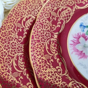 Set of 2 Royal Stafford Empress Cake/Bread & Butter Plates, Bone China Made in England, Maroon Band Gold Filigree Flowers vintage dinnerware