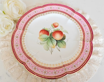 Antique Hand Painted Plate, Strawberries, Fruit, Heavy Gold Gilt, Vintage Home Decor, Collectible Plate, Display Plate,