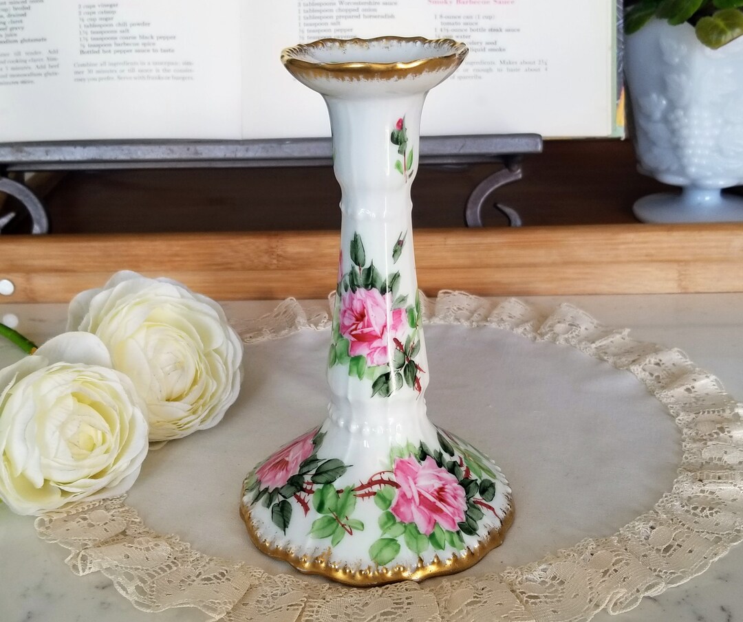 Vintage Porcelain Candlestick Holder, Pillar Candlestick Holder, Pink