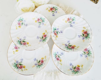 Set of 5 Vintage Queen Anne Saucers, Bone China Made in England, scalloped, floral bunches, vintage dinnerware/Tea Party, china replacement