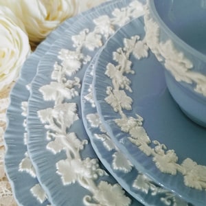 Puede incluir: Juego de platos y un cuenco de cerámica azul claro con diseños de vid en relieve blanco. Los platos tienen un borde festoneado. Rosas blancas en el fondo. Adecuado para servir una comida.