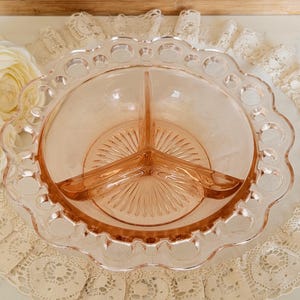 Anchor Hocking Old Colony Pink Glass divided dish, Depression Glass Made in the USA, Trinket/Mint/Nut Dish, romantic/cottage/farmhouse decor