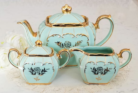 Vintage Sadler Cube Tea Set Made in England, Mint Green/aqua  
