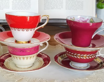 H M Sutherland Tea Cup and Saucer, Bright Pink Gold Leaves Teacup and  Saucer, Fine Bone China 