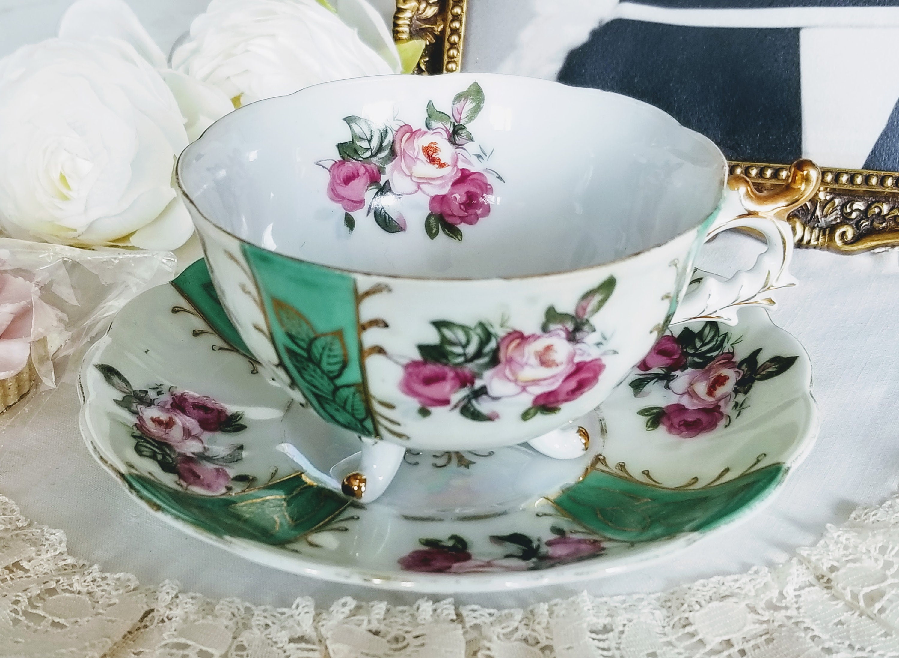 Vintage Shafford Japan Hand Decorated Footed Opalescent Teacup and