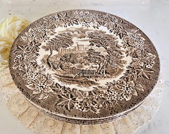 Juego de 5 platos llanos de hierro inglés con diseño de castillos, fabricados en Inglaterra, vajilla vintage, loza marrón.