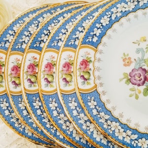 Set of 6 Sutherland China H&M Evesham Cake/Bread and Butter Plates, Bone China Made in England, Blue Rim, Fruits Flowers, vintage dinnerware