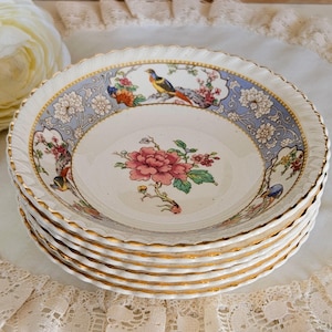 Set of 6 Johnson Brothers The Vigo Old England Ice Cream/Dessert/Fruit Bowls/Nappies, Made in England, Birds on Blue, vintage tea party